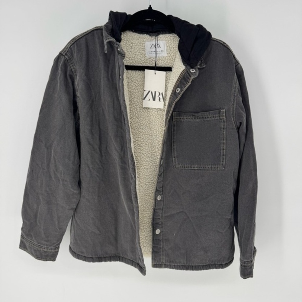Zara Kids Gray Jean Jacket with hood and Sherpa Lining NWT 13-14